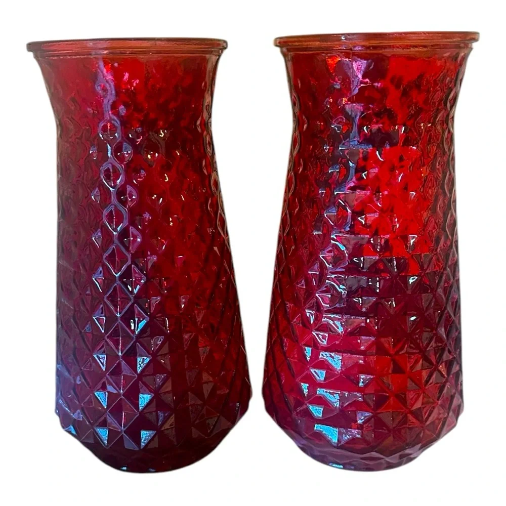 Set of 2 Red Glass Rose Flower Vases EUC